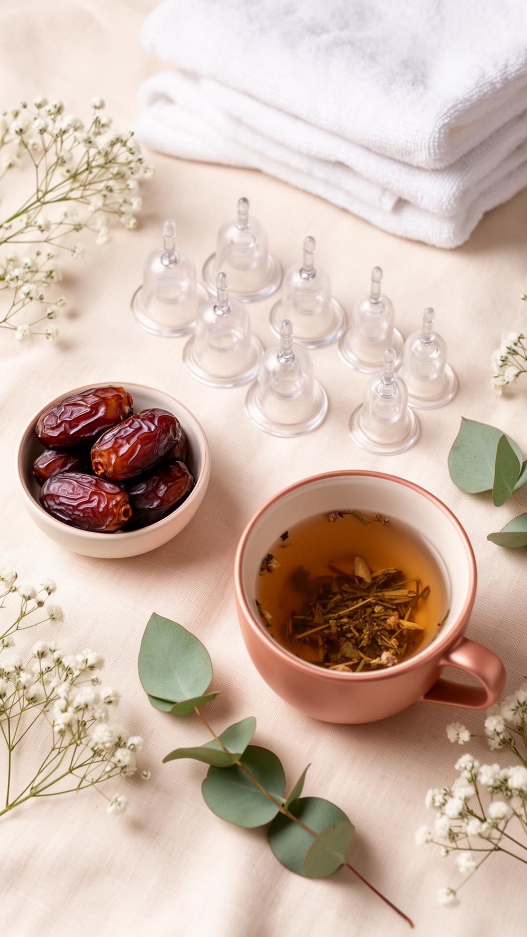 Hijama Berlin – Sunnah Schröpftherapie für Frauen in Neukölln, Gläser mit Datteln und Kräutertee
